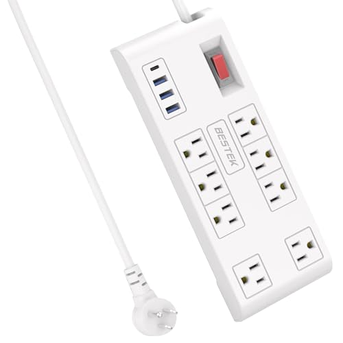 BESTEK 8 AC Outlet, 5 Feet Extension Cord Power Strip with 3 USB-A 2.4A 1USB-C 3A, MAX Output 1625W 13A, 600Joule, Ultra-Compact Wide Spaced Outlet for Large Plug