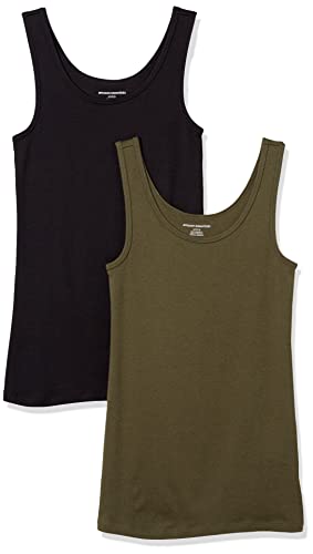 Amazon Essentials Women's Slim-Fit Tank, Pack of 2, Black/Olive, Small