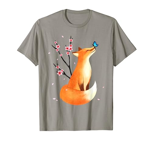 Fox Japanese Cherry Blossom Flower Vintage Gift T Shirt