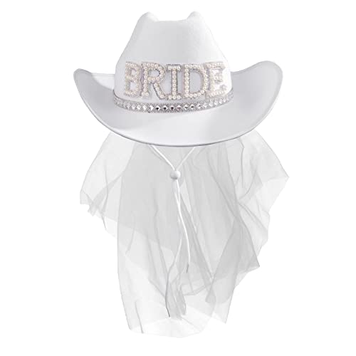 MGupzao Cowboy Hat and Veil Bachelorette Party,White Cowgirl Hat Wedding Bridal Shower Decoration,Bride to be Gift,Country-Western Novelty