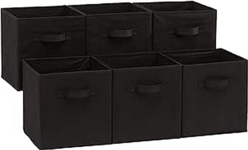 Amazon Basics Collapsible Fabric Storage Cubes Organizer with Handles, Black - Pack of 6