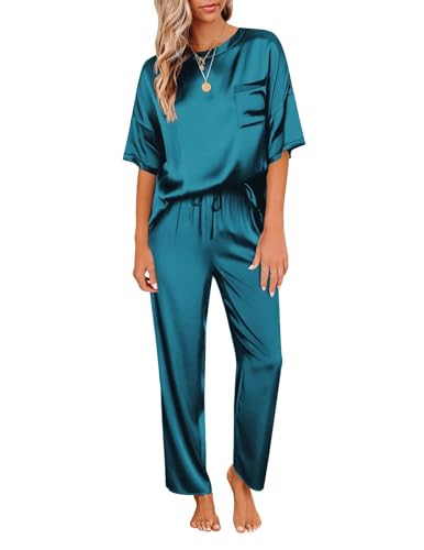 Ekouaer Womens Silk Satin Pajamas Set Two Piece Pj Sets Sleepwear Loungewear Short Sleeve Pj Sets Green