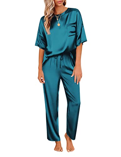 Ekouaer Womens Silky Satin Pajamas Short Sleeve Top with Short Sleeve Sleepwear Pj Set 2 Piece Loungwear Green S