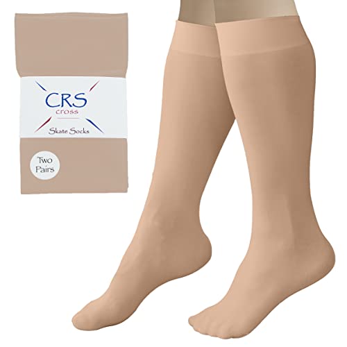 CRS Cross Figure Skating Socks (2 Pair) Premium Knee High Tights for Ice Skates, Footed Skate Socks, Ice Skating Socks, Dance (Twizzle Tan)