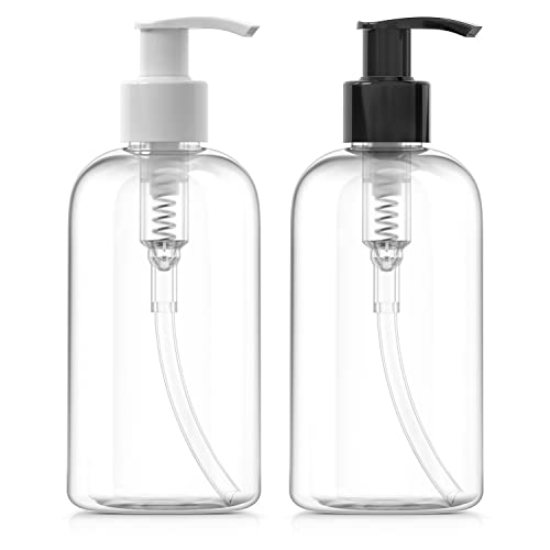 Bar5F Plastic Bottles with Pump Dispenser, 8 oz | Leak Proof, Empty, Clear Refillable, BPA Free for Body Wash, Moisturizer, Face Cream, Liquid Soap | Black & White Pumping Caps | Set of 2