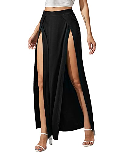 Verdusa Women's Elastic Waist High Split Wrap Flowy Long Maxi Skirt Black L