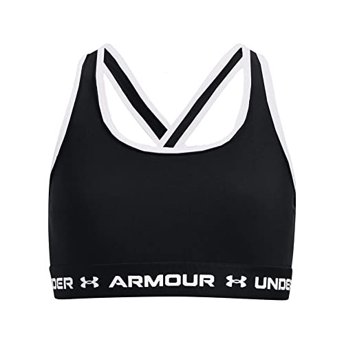 Under Armour Girls Crossback Mid-Impact Solid Sports Bra, Black (001)/Electric Tangerine, Large