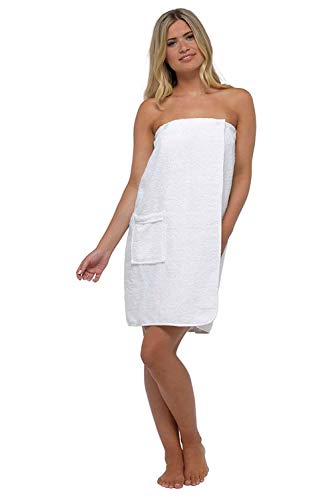 Womens 100% Cotton Terry Bath Shower Towel Wrap Dress with Buttons & Pocket (S/M, LN588 White)