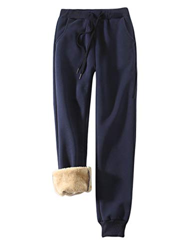 Yeokou Women's Warm Sherpa Lined Athletic Sweatpants Jogger Fleece Pants (XX-Large, Navy Blue)