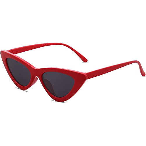 SOJOS Retro Vintage Narrow Cat Eye Sunglasses for Women Clout Goggles Plastic Frame SJ2044 with Red Frame/Grey Lens