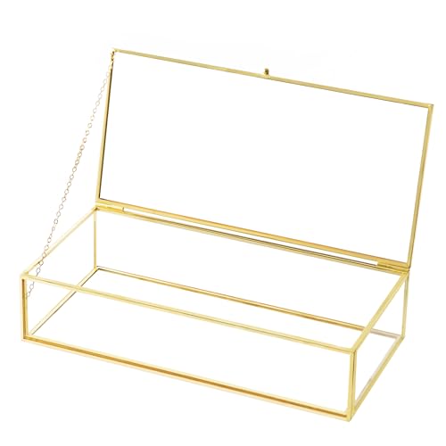 Kendiis Glass Jewelry Box, Vintage Rectangle Gold Keepsake Box Organizer Box Vanity Lidded Box Home Decor Accent Decorative Box for Storage Trinket Rings Bracelet