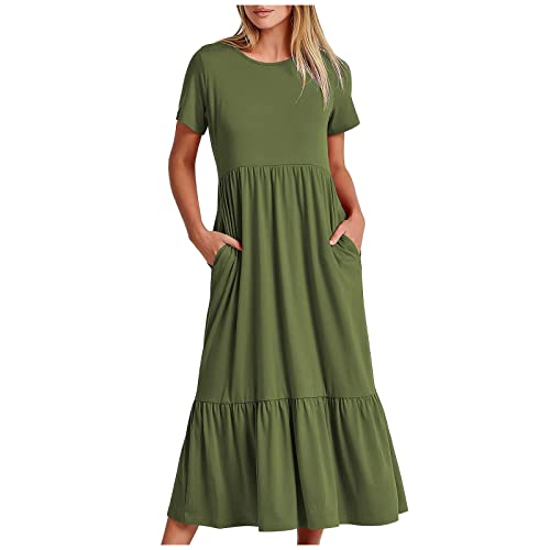 oelaio Peplum Dress for Women 2024 Summer Short Sleeve Crewneck Swing Dress Casual Flowy Tiered Beach Dress with Pockets,Army Green,Medium