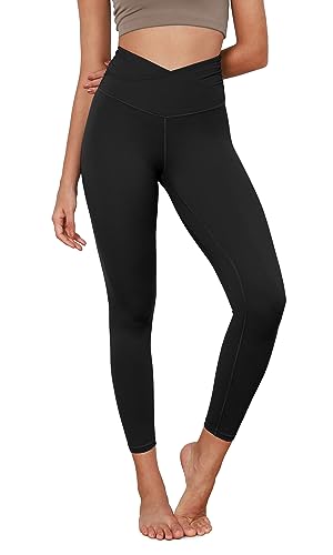 ODODOS Women's Cross Waist 7/8 Yoga Leggings with Inner Pocket, Inseam 25' Gathered Crossover Workout Yoga Pants, Black, Small