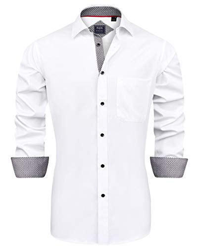 J.VER Men's Casual Long Sleeve Stretch Dress Shirt Wrinkle-Free Regular Fit Button Down Shirts White Large