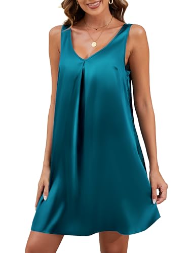 Mawor Night Gown for Women Soft Comfy Silky Off The Shoulder V Neck Sleepwear Nightshirts Blue Green L