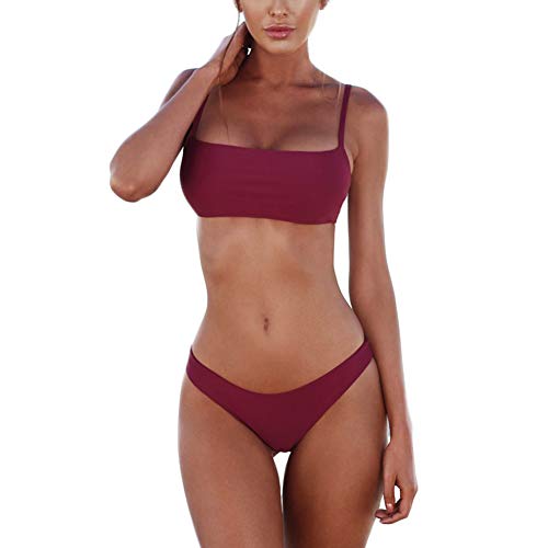 meioro Bikini Set Swimsuits for Women Low Waisted Two Piece Swimwear with Brazilian Push up Top Cheeky Bottom Bathing Suits (Wine Red, S)