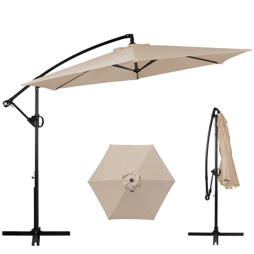 Shintenchi Patio Offset Umbrella with Easy Tilt Adjustment,Crank and Cross Base, Outdoor Cantilever Hanging Umbrella, Sunshade Umbrella Canopy, Khaki