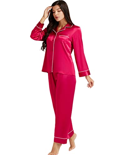 Womens Silk Satin Pajamas Set Sleepwear Loungewear Red L
