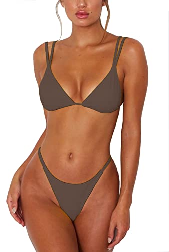ForBeautyShe Women's Double Shoulder Spaghetti Strap Triangle Top Brazilian Thong Bikini Bathing Suit 2 Piece Swimsuits Coffee M