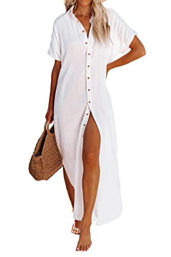 Dokotoo Plus Size Swimsuit Beach Cover Ups Summer Dresses for Women 2024 Fashion Vacation Button Down Long Kimonos Cardigan Short Sleeve Side Split Casual Solid Loose Fit Bathing Suit White XLarge