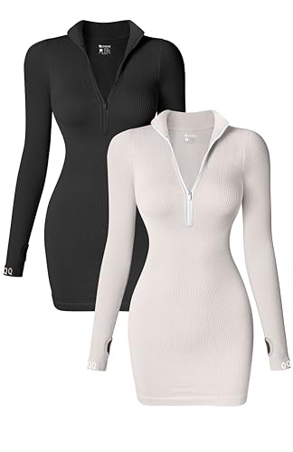 OQQ Women's 2 Piece Dresses Sexy Ribbed Zip Front Long Sleeve Tops Mini Dress Black Pumice Grey