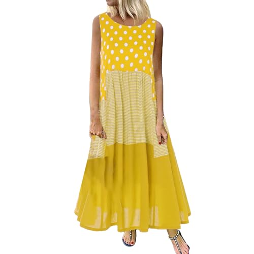 Miyaomn Compression Socks for Women Prom Dresses 2024 Stylish Patchwork Sleeveless Dress for Women Linen Polka Dots Casual Loose Flowy Long Maxi Sundress Palid Beach Dress(Yellow,XX-Large)