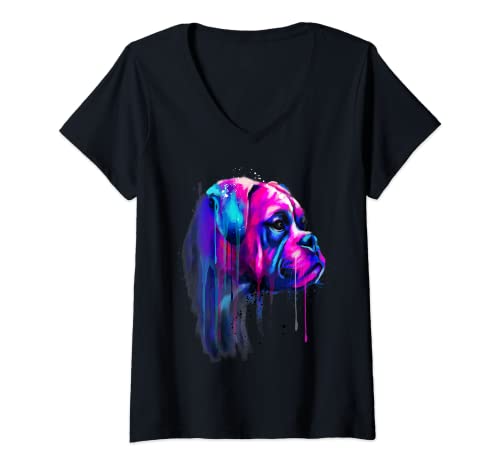 Womens Colorful Boxer Dog Art Watercolor V-Neck T-Shirt