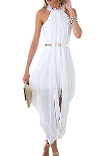 Women's Sheer Chiffon Folds Hi Low Loose Dress Delicate Gold Belt Outer Maxi Inner Mini (Large, White)