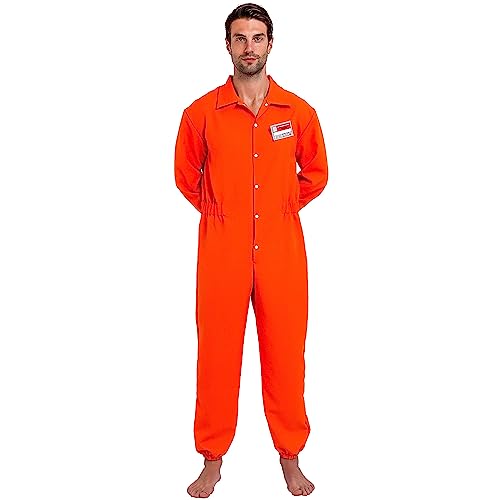 Spooktacular Creations Prisoner Jumpsuit Orange Prison Escaped Inmate Jailbird Coverall Costume with Name Tag (Medium)