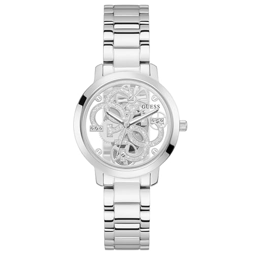GUESS Ladies Trend Clear 36mm Watch – Glitz Dial with Silver-Tone Stainless Steel Case & Bracelet