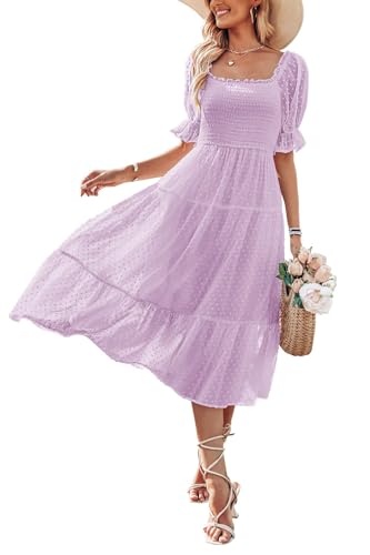 MEROKEETY Women's 2024 Summer Boho Square Neck Smocked Solid Color A Line Beach Midi Dresses, Lightpurple, XL