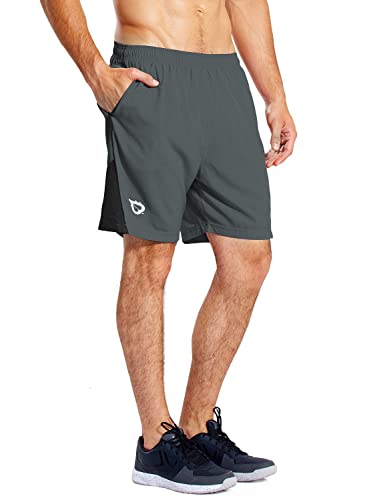 BALEAF Men's 7' Running Shorts with Mesh Liner Zipper Pocket for Athletic Workout Gym Gray Large