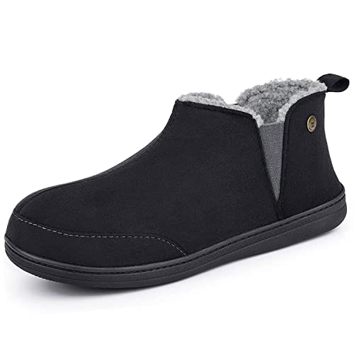 HomeTop Soft Microsuede Sherpa Lined House Shoes Anti-Skid Indoor Outdoor Boot Slipper for men with Elastic Dual Gores (10, Black)