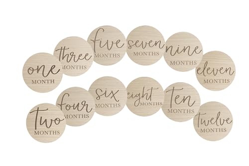 Little Pear Wooden Milestone Photo Cards, Baby Announcement Cards, Double Sided Photo Prop Monthly Milestone Discs, Pregnancy Journey Milestone Markers, 1-12 Months, Light Wood
