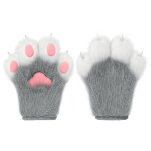 hbbhml Faux Fur Plush Furry Cat Claw Gloves Fursuit Animal Fox Paws Mittens Halloween Cosplay Costume Accessories for Adult