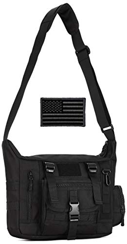 Protector Plus Tactical Messenger Bag Men Military MOLLE Sling Shoulder Pack Briefcase Assault Gear Handbags Outdoor Utility Carry Satchel Laptop Case (Patch Included), Black