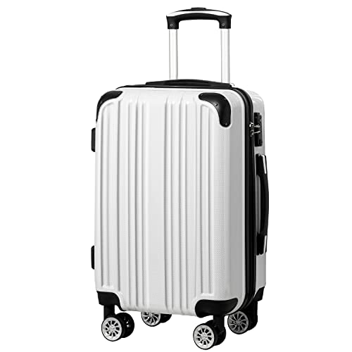 Coolife Luggage Expandable(only 28') Suitcase PC+ABS Spinner 20in 24in 28in Carry on (white grid new, L(28in))