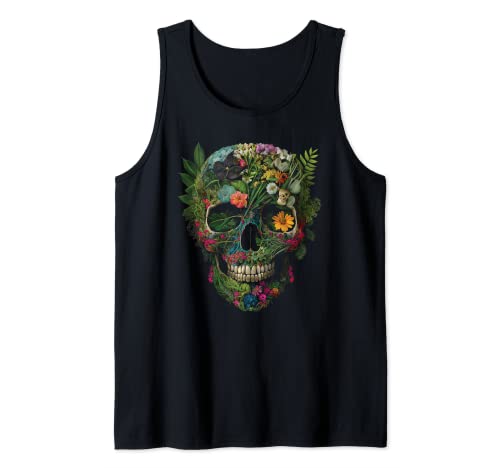 Haunted Botanical Garden Human Skull With Flowers And Plants Tank Top