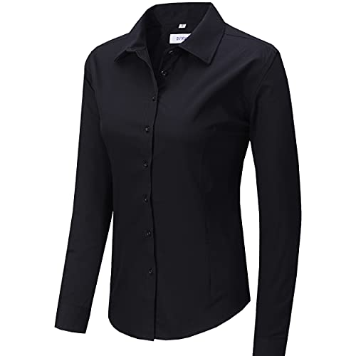 DIYUS Women's Button Down Shirt Slim-Fit Stretchy Cotton Long Sleeve Work Blouses Black XS