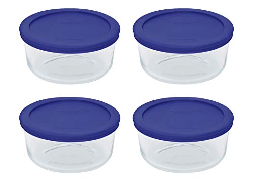 Pyrex Storage 4 Cup Round Dish, Clear with Blue Lid - Original Genuine Pyrex - Pack of 4 Containers