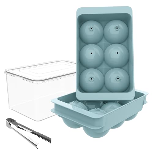 WIBIMEN Large Ice Cube Tray, 1.9IN Whiskey Ice Mold, 2 Pack Sphere Ice Cube Mold with Bin&Tong, Leak-free Round Ice Cube Mold, Easy Fill & Release Ice Ball Maker for Whiskey Cocktails Bourbon(Blue)