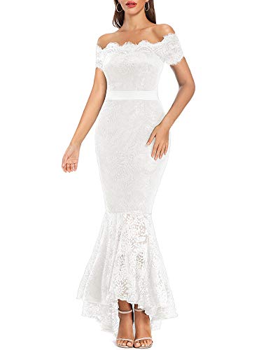 LALAGEN Women's Floral Lace Long Sleeve Off Shoulder Wedding Mermaid Dress Short Sleeve White XL