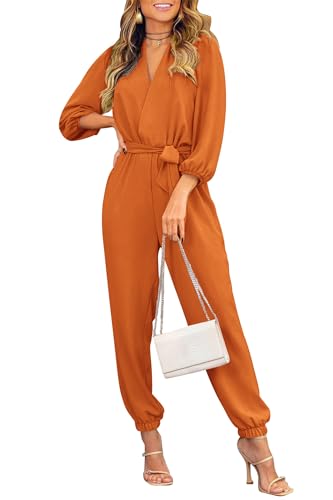 PRETTYGARDEN Women's 2024 Fall Jumpsuits Casual Dressy One Piece Outfits V Neck Long Sleeve Belt Pockets Long Pants Romper (Brown Yellow,Large)