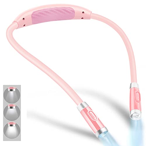 Vekkia Rechargeable LED Neck Reading Light, Book Lights for Reading in Bed, 3 Brightness Levels, Flexible Soft Silicone Arms Comfortable Wear, Long Lasting, Perfect for Craft & Knitting, Pink
