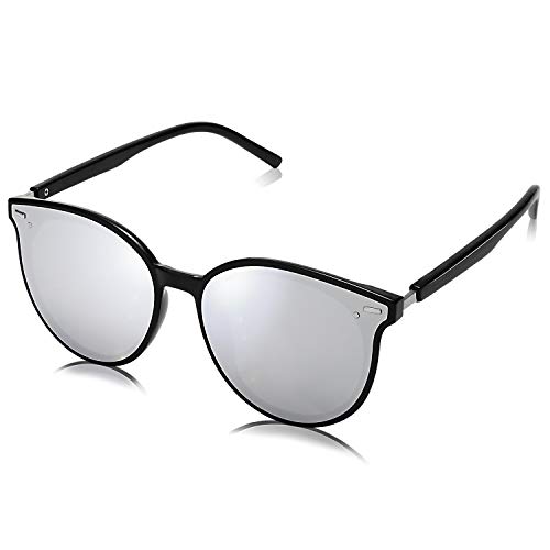 SOJOS Classic Round Sunglasses for Women Men Retro Vintage Shades Large Plastic Frame Sunnies SJ2067 with Black Frame/Silver Mirrored Lens