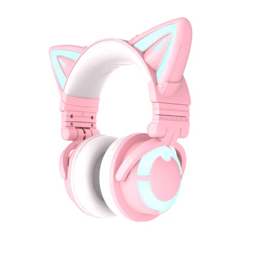 YOWU RGB Cat Ear Headphone 3S Wireless 5.0 Foldable Gaming Headset with Built-in Mic & Customizable Lighting and Effect via APP, Type-C Charging Audio Cable, for PC Laptop Mac Smartphone