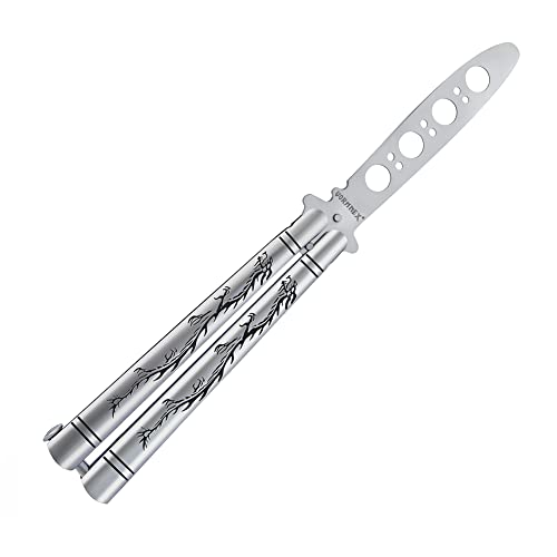 VORNNEX Practice Butterfly knife Trainer with Sure Spring Latch, Full Stainless Steel Black Dull Balisong, Unsharpened Butterfly knives Comb for CSGO Training(Silver)