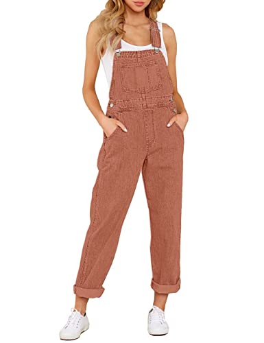 Vetinee Women's Brick Red Adjustable Straps Pockets Boyfriend Denim Bib Overalls Jeans Pants Medium
