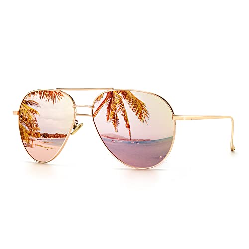 SUNGAIT Women’s Lightweight Oversized Aviator Sunglasses - Mirrored Polarized Lens (2022 Light-Gold Frame/Pink Mirrored Lens, 60) 1603JKF