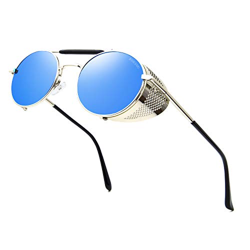 RONSOU Steampunk Style Round Vintage Sunglasses Retro Eyewear UV400 Protection Matel Frame silver&blue